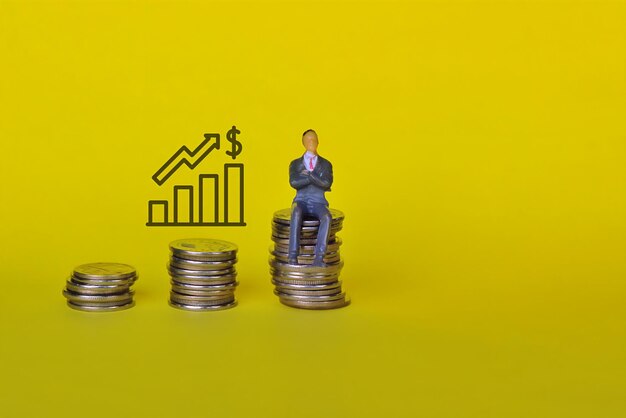 Miniature man sitting on top of stack coins Yellow background with copy space