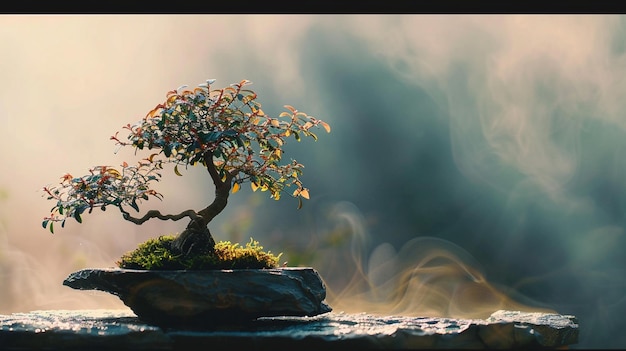 Foto le meraviglie in miniatura del bonsai che cresce sulla roccia