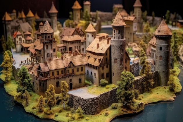 Foto villaggio medievale in miniatura con castello e fossato creato con ai generativi