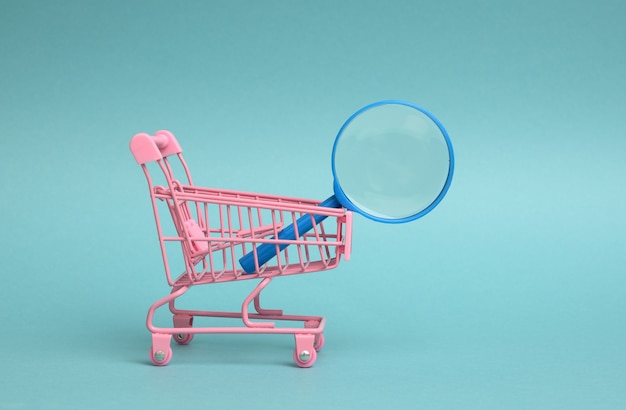 Miniature metal pink trolley and black plastic magnifier on a light blue background. The concept of search and selection of purchases, savings