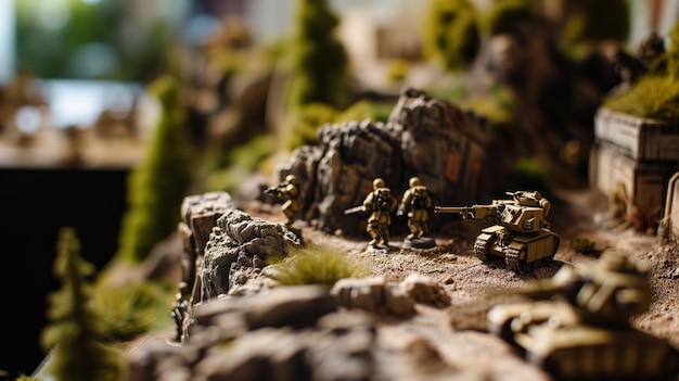 Miniature military diorama with soldiers and a tank