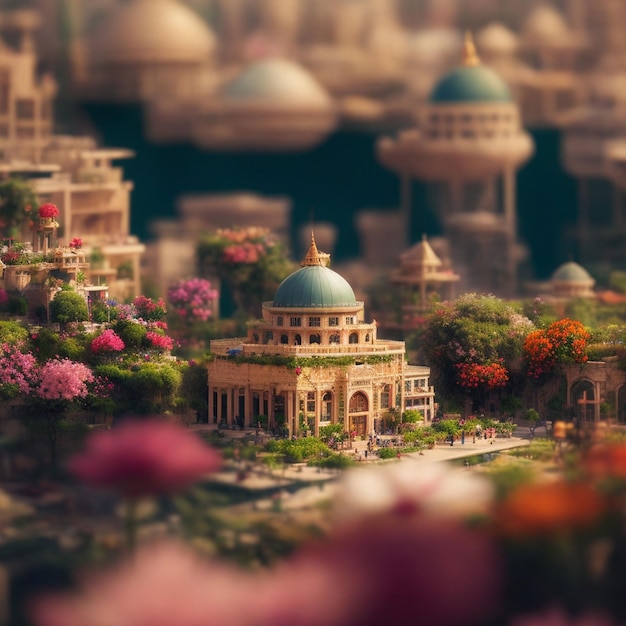 A miniature model of a building with a blue dome and a pink flowered garden