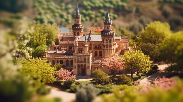 A miniature model of a castle with a green background and pink flowers.