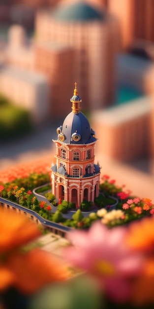 A miniature model of a church with a blue dome and flowers in the foreground