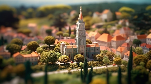 A miniature model of a church with a clock on the top.