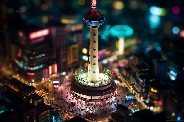 중앙에 탑이 있는 도시의 축소 모형.