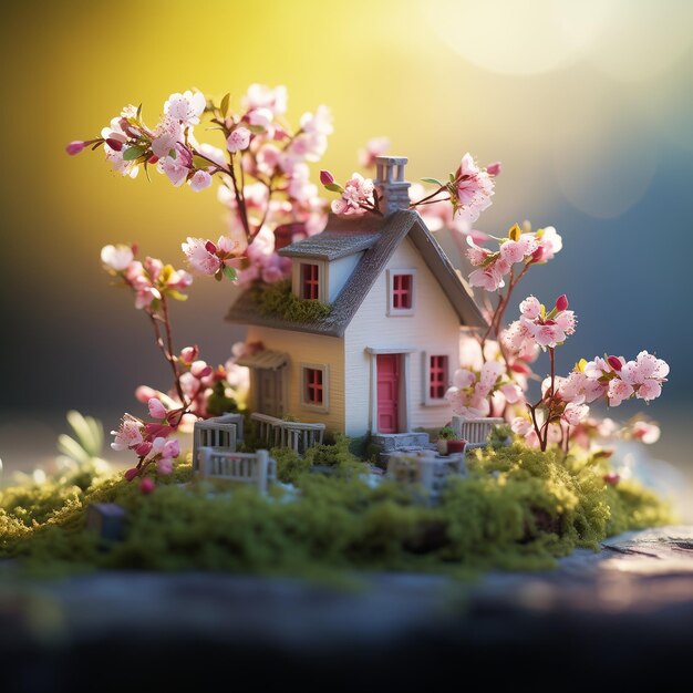 Miniature model of a cozy house among sakura branches and moss