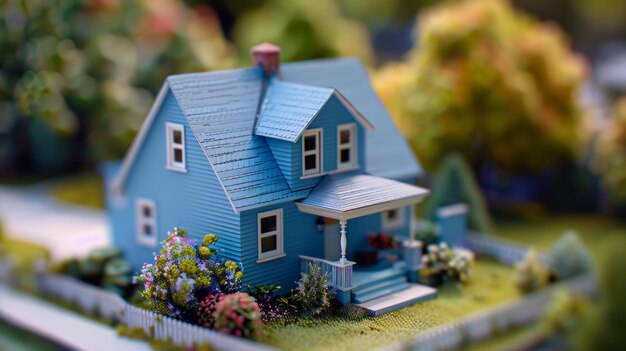 Miniature model house exuding charm amidst lush vibrant garden scenery