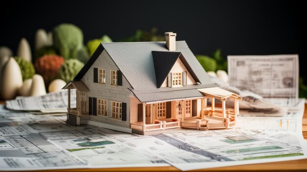 a miniature model of a house on top of some papers