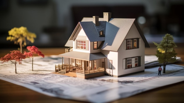 a miniature model of a house on top of some papers