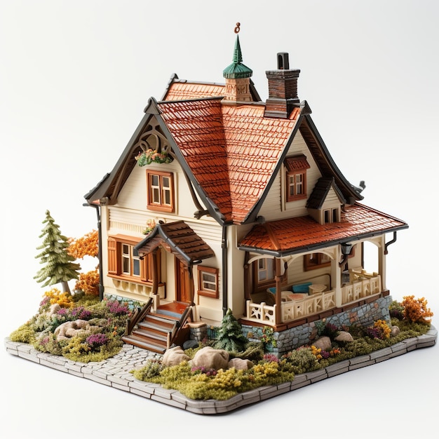 赤い屋根と白い柵の家のミニチュア模型