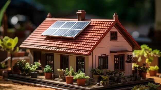 Miniature model of a house with solar panels with redbrown brown roof tiles for sustainable energy