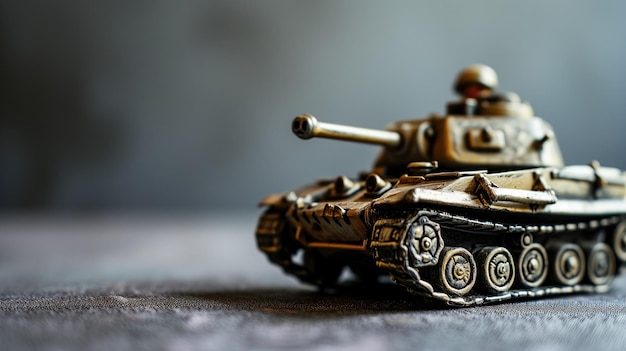 A miniature model of a military tank on a grey backdrop