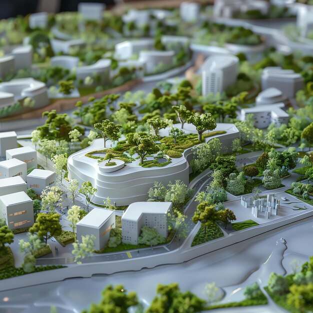 Photo a miniature model of a modern city the buildings are white and the trees are green the model is set on a white table