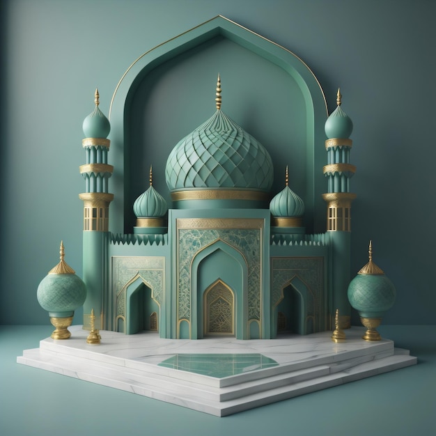 A miniature model of a mosque with gold accents.