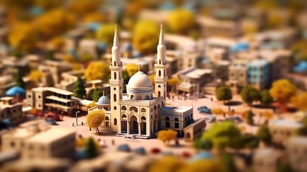 A miniature model of a mosque with a green tree in the foreground.