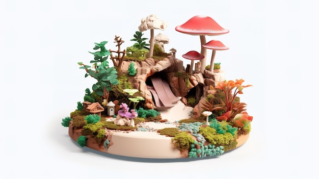 A miniature model of a mushroom cave with a waterfall in the background.