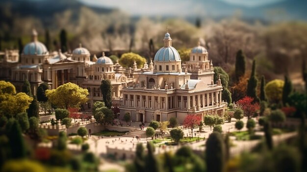 A miniature model of a palace with a garden in the background.