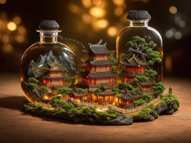 A miniature model of a temple in a bottle