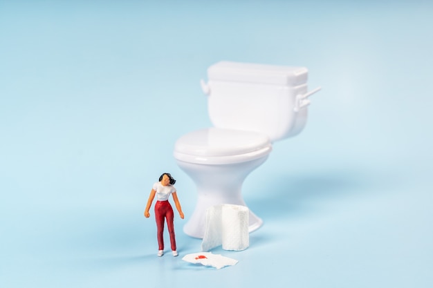 A miniature model of a woman stands near a toy toilet with toilet paper with blood