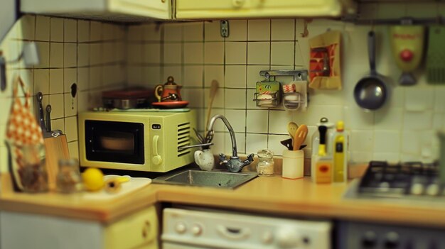 Photo a miniature modern kitchen complete with tiny appliances and utensils demonstrating the artistry and attention to detail in miniaturized interiors