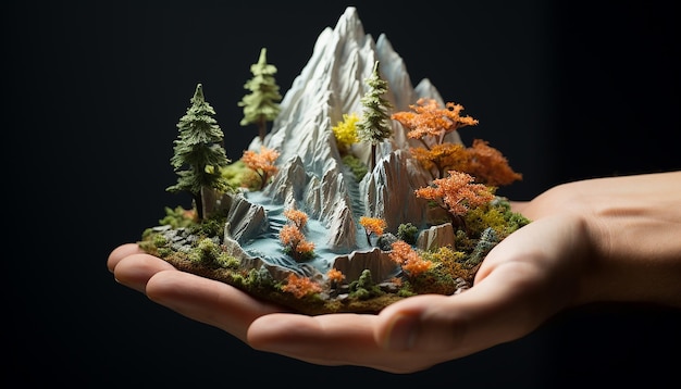 Photo a miniature mountain lightly embraced with both hands complete with high details streams and tree