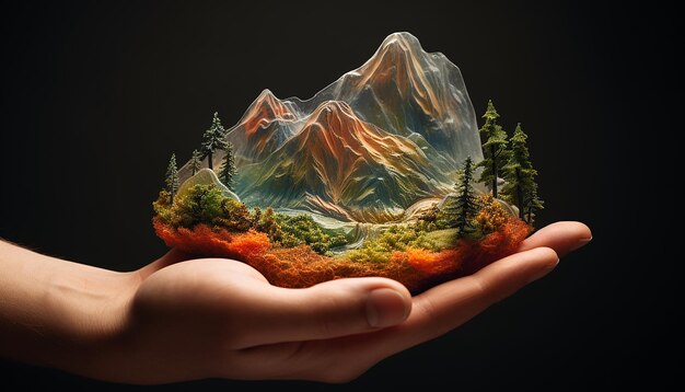 A miniature mountain lightly embraced with both hands complete with high details streams and tree