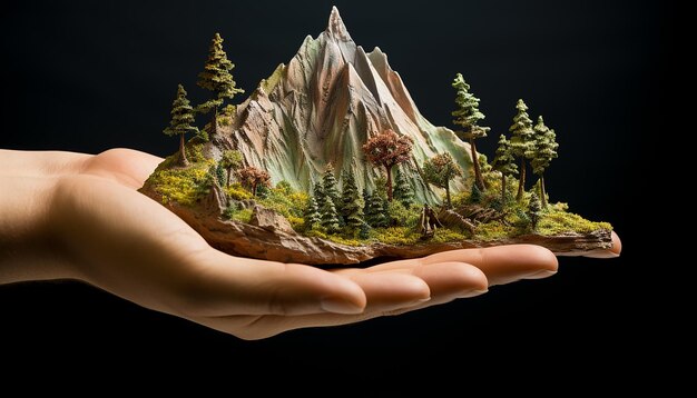 Миниатюрная гора, легко обнятая обеими руками, с высокими деталями ручьев и деревьев