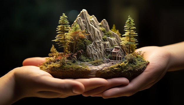 Foto una montagna in miniatura abbracciata leggermente con entrambe le mani completa di dettagli alti ruscelli e albero