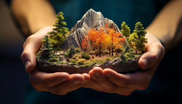 Foto una montagna in miniatura abbracciata leggermente con entrambe le mani completa di dettagli alti ruscelli e albero