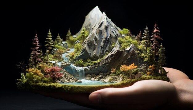 A miniature mountain lightly embraced with both hands complete with high details streams and tree