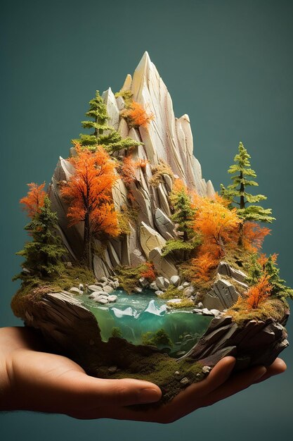 Photo a miniature mountain lightly embraced with both hands