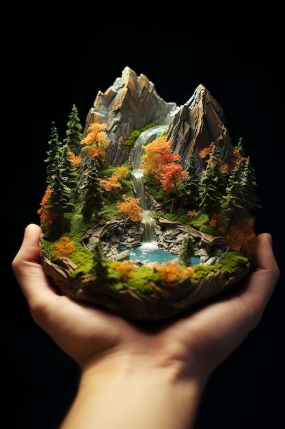 A miniature mountain lightly embraced with both hands