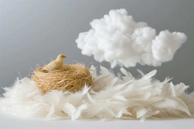 Miniature nest on a pile of white feathers arranged like a cloud