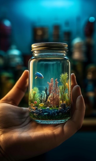 Миниатюрный океан под водой внутри стеклянной банки, генерирующий искусственный интеллект