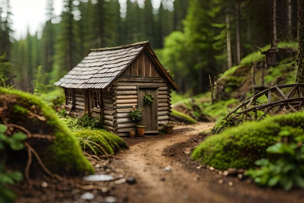 miniature old wood cabin inside a forest tilt shift blur