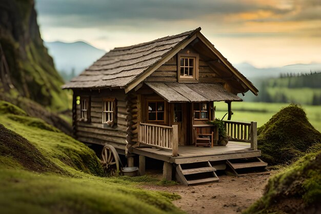 miniature old wood cabin inside a forest tilt shift blur