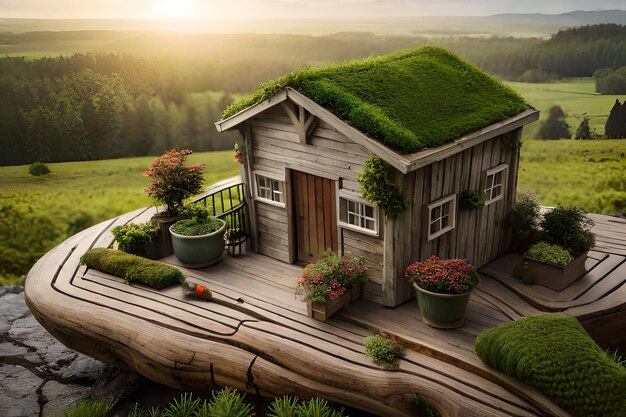 miniature old wooden cabin in the forest