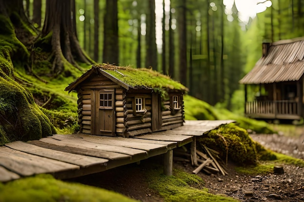 miniature old wooden cabin in the forest