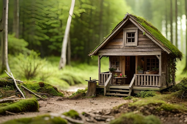 miniature old wooden cabin in the forest