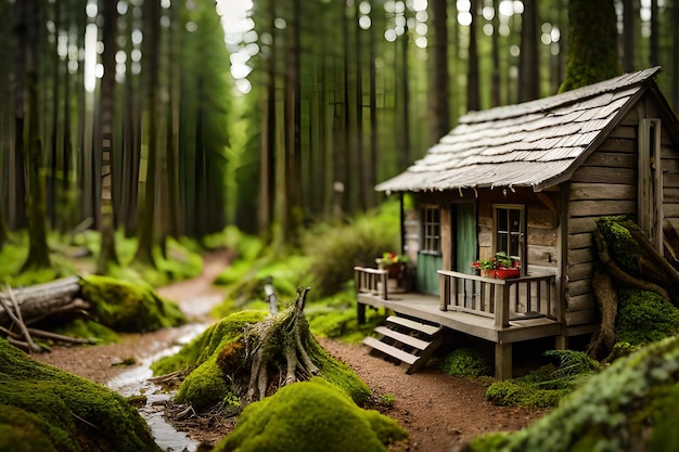 miniature old wooden cabin in the forest