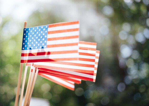 Miniature paper flags USA. American Flag on blurred background outdoors