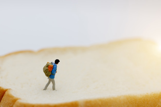 Miniature people, Backpacker walking to destination. 