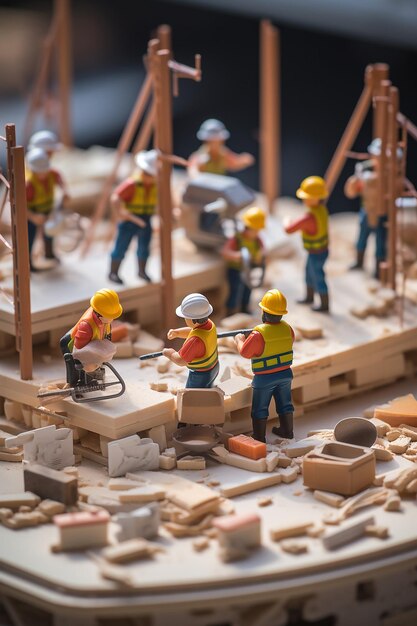 Foto persone in miniatura che costruiscono una torta