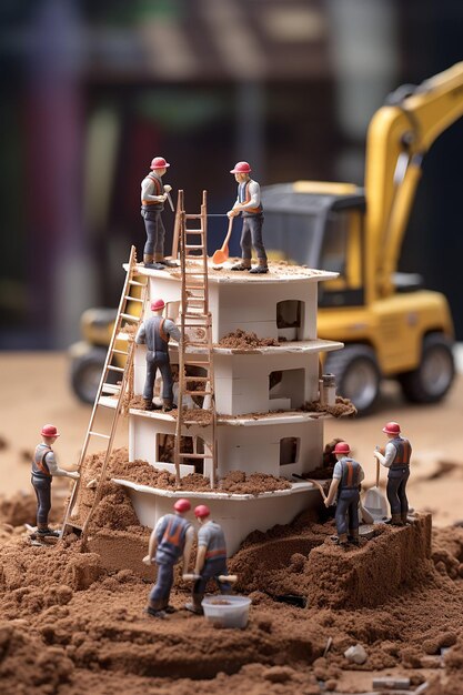 Foto persone in miniatura che costruiscono una torta