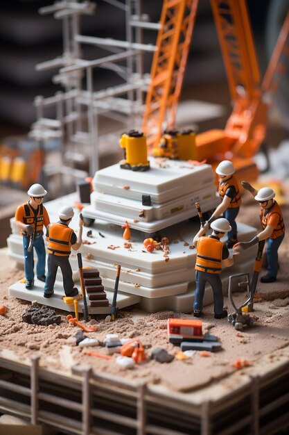 Foto persone in miniatura che costruiscono una torta