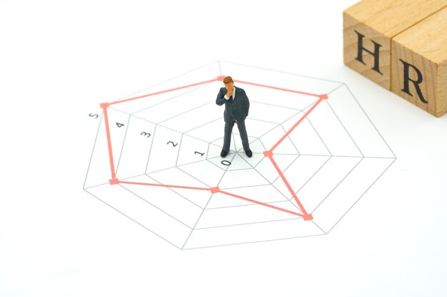 Photo miniature people businessmen standing on a circle graphs of various skill