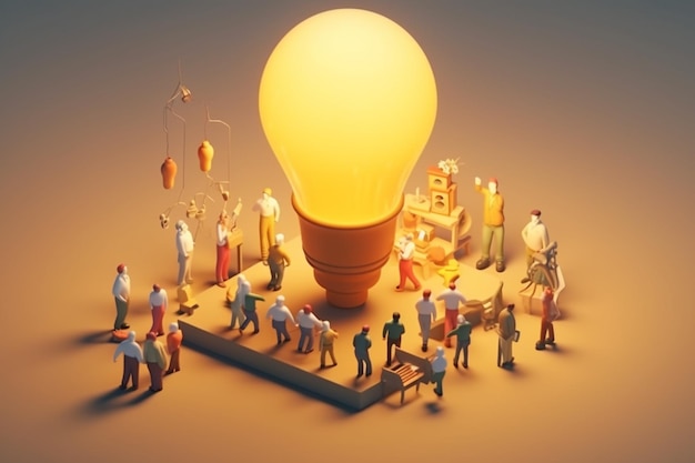 Photo miniature people cartoon with light big bulb 3d illustration generative ai
