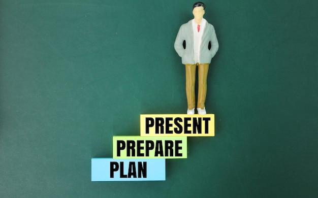 Photo miniature people and colored paper with the three words 3p planning preparation namely plan prepare