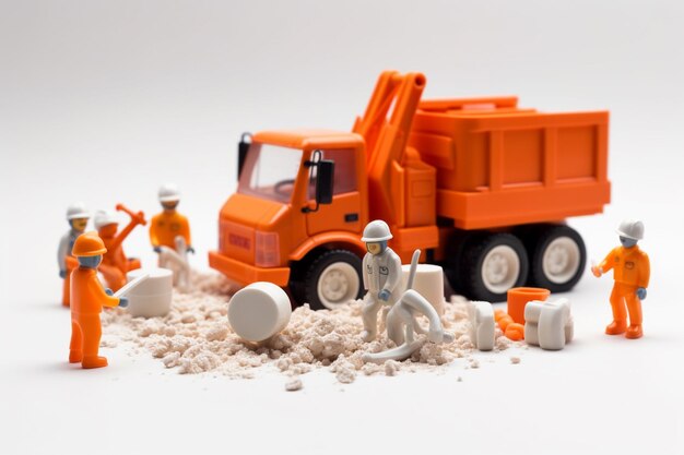 Miniature people construction worker with truck and sand on white background